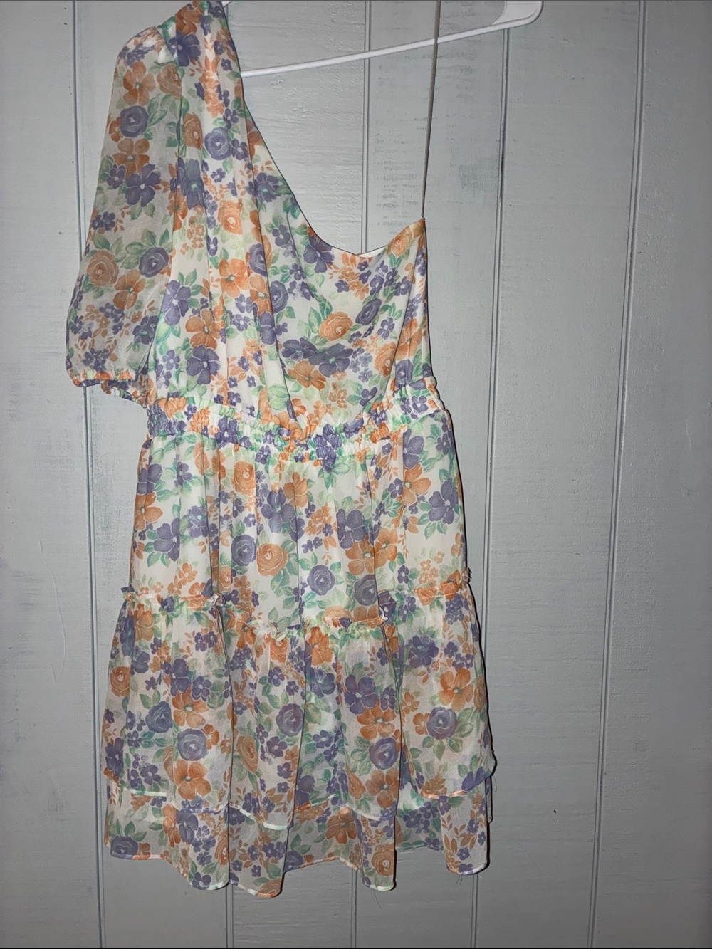 Wayf One-Shoulder Floral Tiered Dress for Girls in Orange & Purple Small